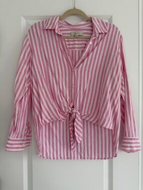 LOFT Pink and White Striped Tie-Front Button Shirt